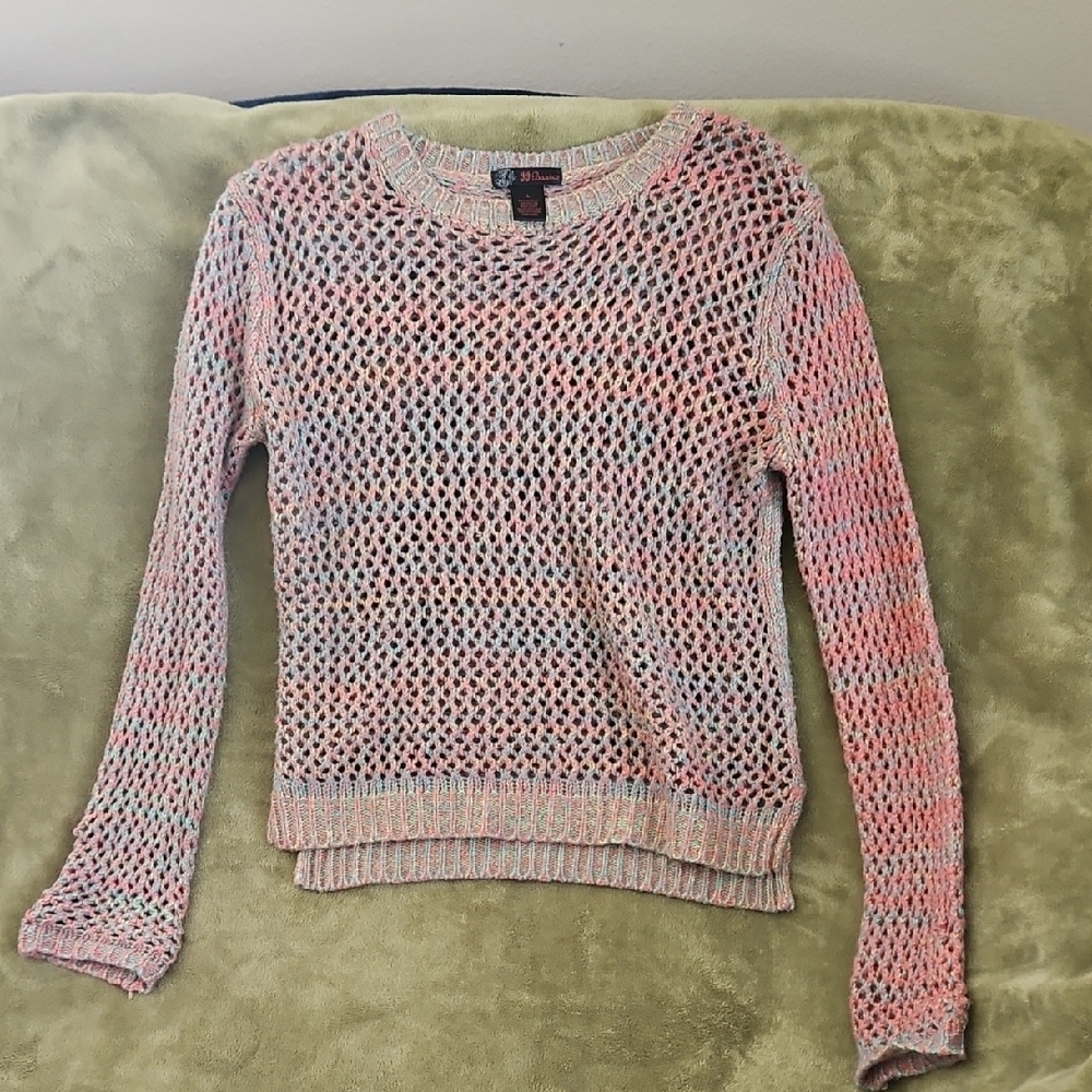 Pink and Blue Crew Neck Sweater with Open-Knit Pattern
